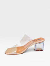 Tamanco Beyou Shoes Lisboa nude em napa destroyed com tiras transparentes e salto bloco transparente