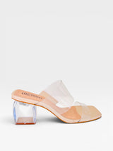 Tamanco Beyou Shoes Lisboa nude em napa destroyed com tiras transparentes e salto bloco transparente de 7,5 cm