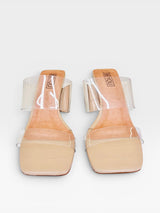 Tamanco Beyou Shoes Lisboa nude em napa destroyed com tiras transparentes e salto de 7,5 cm