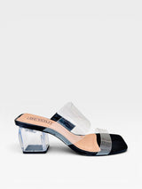 Tamanco Beyou Shoes Lisboa preto com tiras transparentes e salto bloco de acrílico transparente