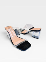 Tamanco Beyou Shoes Lisboa preto com tiras transparentes e salto bloco de acrílico transparente