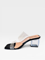 Tamanco Beyou Shoes Lisboa preto com tiras transparentes e salto bloco de acrílico transparente