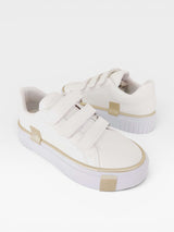 Tênis Beyou Shoes Norway branco em napa com detalhes dourados e fechamento prático em velcro